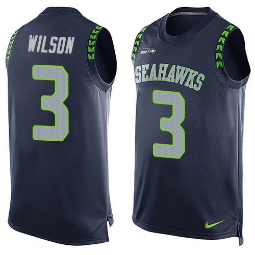 Men's Limited Russell Wilson Nike Jersey Navy Blue - #3 Player Name & Number Tank Top NFL Seattle Seahawks